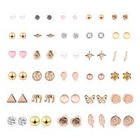 Brass Stud Earring Set, with Resin & Plastic Pearl & Zinc Alloy, brass post pin, plated, for woman & with rhinestone 