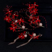 Zinklegierung Hochezeit Set, Stirnband & Ohrring, mit ABS-Kunststoff-Perlen & Stoff, plattiert, für Frau & mit Strass, rot, 70x160mm,35x130mm, verkauft von setzen