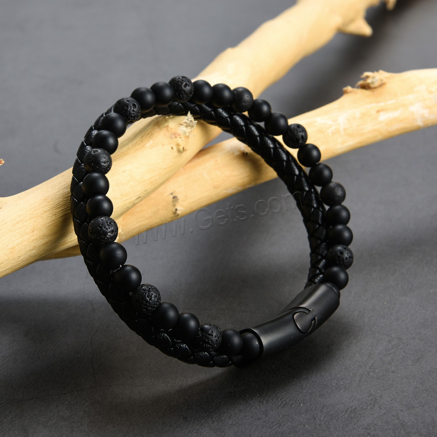 Lava Bracelet, with PU Leather & Black Agate, zinc alloy magnetic clasp, gun black plated, different size for choice & for man & multi-strand & frosted, 6mm, Length:Approx 8.7 Inch, Sold By Strand