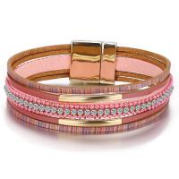 PU Leather Cord Bracelets, with Crystal & Zinc Alloy, plated, fashion jewelry & for woman, pink, 19.5cm Approx 7.67 Inch 