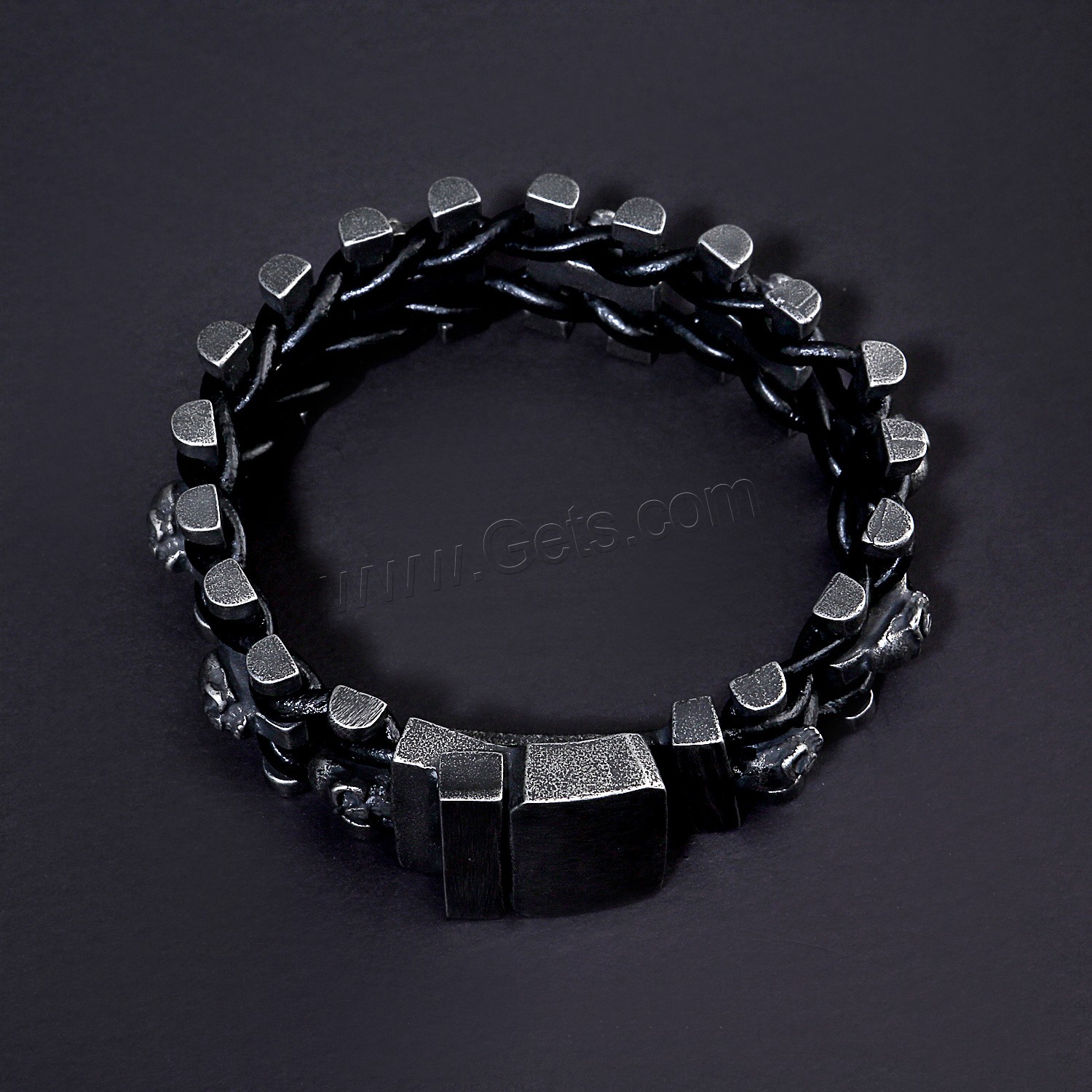 Titanium Steel Bracelet, with Faux Leather, vacuum plating black​, different size for choice & for man & hollow, Length:Approx 8.7 Inch, Sold By PC