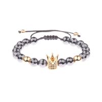 Cubic Zirconia Zinc Alloy Bracelet, with Waxed Cotton Cord & Hematite, Crown, gold color plated, Adjustable & Unisex & micro pave cubic zirconia, 8mm Inch 
