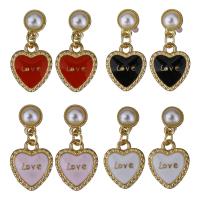 Brass Drop Earring, with rubber earnut & Plastic Pearl, Heart, gold color plated, fashion jewelry & for woman & enamel 26.7mm 