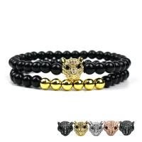 Cubic Zirconia Micro Pave Brass Bracelet, with Black Stone, Leopard, plated, 2 pieces & Unisex & micro pave cubic zirconia 6mm Approx 7-7.5 Inch 