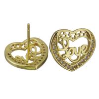 Brass Stud Earring, Heart, gold color plated, micro pave cubic zirconia & for woman 0.8mm 