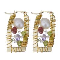 Brass Lever Back Earring, with Gemstone & Plastic Pearl, gold color plated, for woman 