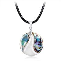 Abalone Shell Necklace, with PU Leather Cord, with 50mm extender chain, Flat Round, for woman Approx 17.7 Inch 