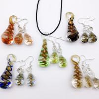 Lampwork Jewelry Sets, earring & necklace, with leather cord, three pieces & for woman & inner flower 55*18mm .2 Inch 