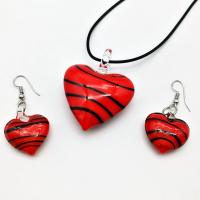 Lampwork Jewelry Sets, earring drop pendant & necklace, with Brass, Heart, 2 pieces & for woman, red, 38mm .52 Inch 