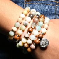 ​Amazonite​ Buddhist Beads Bracelet, with Wood & Brass, antique silver color plated, Unisex Approx 37.4 Inch 