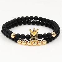 Black Stone Bracelet, with Brass, plated, 2 pieces & Unisex & micro pave cubic zirconia, 6mm Approx 7.3-7.6 Inch 