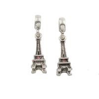 Colgantes de Europeo de aleación de cinc, aleación de zinc, Torre Eiffel, chapado en color de plata antigua, con diamantes de imitación, 22.5x8x7.5mm, agujero:aproximado 5mm, 30PCs/Bolsa, Vendido por Bolsa