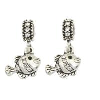 Zinc Alloy European Pendants, Fish, antique silver color plated, with rhinestone Approx 4.5mm 