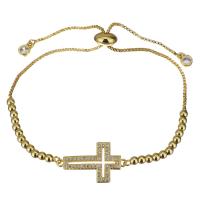 Stainless Steel Chain Bracelets, Cross, gold color plated, Adjustable & box chain & micro pave cubic zirconia & for woman 3mm,1mm Approx 6-9 Inch 