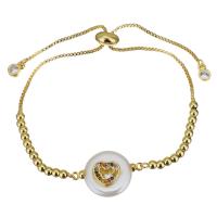 Stainless Steel Chain Bracelets, with Freshwater Pearl, gold color plated, Adjustable & box chain & micro pave cubic zirconia & for woman 3mm,1mm Approx 5.7 Inch 