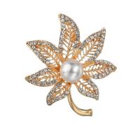 Rhinestone Zinc Alloy Brooch, with ABS Plastic Pearl, Leaf, plated, for woman & with rhinestone 54mm 