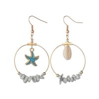 Zinc Alloy Asymmetric Earrings, with Synthetic Turquoise & Shell, brass earring hook, gold color plated & for woman & enamel, 65mm 
