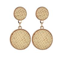 Zinc Alloy Drop Earring, with Rattan, stainless steel post pin, Flat Round, gold color plated, fashion jewelry & for woman 50mm 
