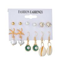 Zinc Alloy Earring Set, Stud Earring & earring, with ABS Plastic Pearl & Shell, gold color plated, three pieces & for woman & with rhinestone, 27mm,33mm,40mm 
