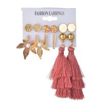 Zinc Alloy Earring Set, Stud Earring & earring, with Cotton Thread & Plastic Pearl, gold color plated, three pieces & for woman, 12mm,32mm,85mm 