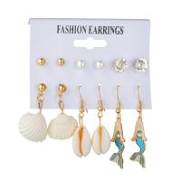 Zinc Alloy Earring Set, Stud Earring & earring, with ABS Plastic Pearl & Shell, gold color plated, 6 pieces & for woman & enamel & with rhinestone, 8mm,35mm,40mm,45mm 