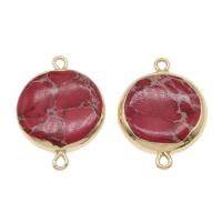 Impression Jasper Connector, with Brass, Flat Round, gold color plated, 1/1 loop, bright rosy red Approx 1.5mm 