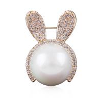 Cubic Zirconia Brooch, Brass, with Shell Pearl, Rabbit, Girl & micro pave cubic zirconia 