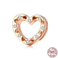 Cubic Zirconia Micro Pave Sterling Silver Bead, 925 Sterling Silver, Heart, rose gold color plated, micro pave cubic zirconia & hollow 