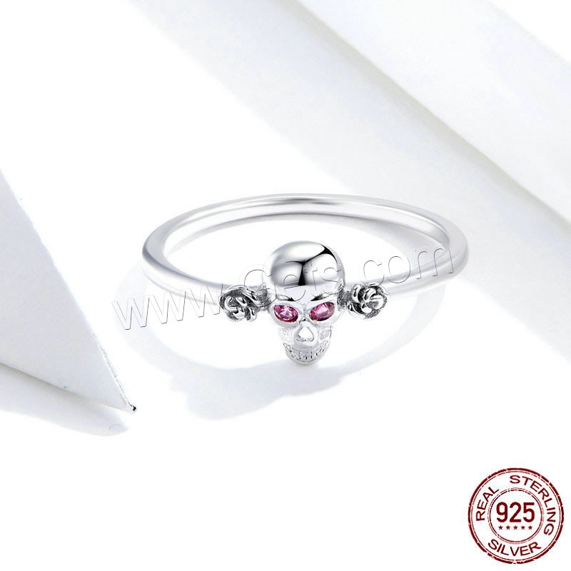 Cubic Zirconia Micro Pave Sterling Silver Finger Ring, 925 Sterling Silver, Skull, platinum plated, different size for choice & micro pave cubic zirconia & for woman, 1mm, US Ring Size:6-8, Sold By PC