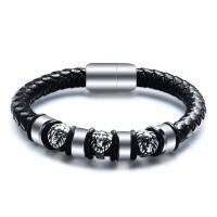 PU Leather Cord Bracelets, with Stainless Steel, Lion, vintage & for man, black, 9mm Approx 8.27 Inch 