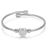 Stainless Steel Cuff Bangle, Heart & for woman & with rhinestone, 11mm,3mm, Inner Approx 55mm 