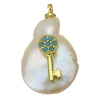 Cultured Freshwater Pearl Brass Pendant, with Freshwater Pearl, Key, gold color plated, fashion jewelry & micro pave cubic zirconia Approx 1.5mm 