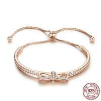 Cubic Zirconia Micro Pave Sterling Silver Bracelet, 925 Sterling Silver, Bowknot, rose gold color plated, adjustable & box chain & micro pave cubic zirconia & for woman Approx 7.4 Inch 