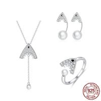 Cubic Zirconia Micro Pave Sterling Sliver Jewelry Sets, 925 Sterling Silver, Stud Earring & finger ring & necklace, platinum plated, three pieces & oval chain & micro pave cubic zirconia & for woman 2mm, US Ring  Approx 17.7 Inch 