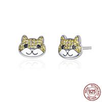Sterling Silver Stud Earring, 925 Sterling Silver, Dog, plated, micro pave cubic zirconia & for woman 