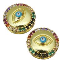 Brass Jewelry Finding, Flat Round, gold color plated, evil eye pattern & micro pave cubic zirconia Approx 