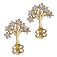 Brass Earring Stud Component, Tree, rose gold color plated, with cubic zirconia 0.8mm,0.8mm 