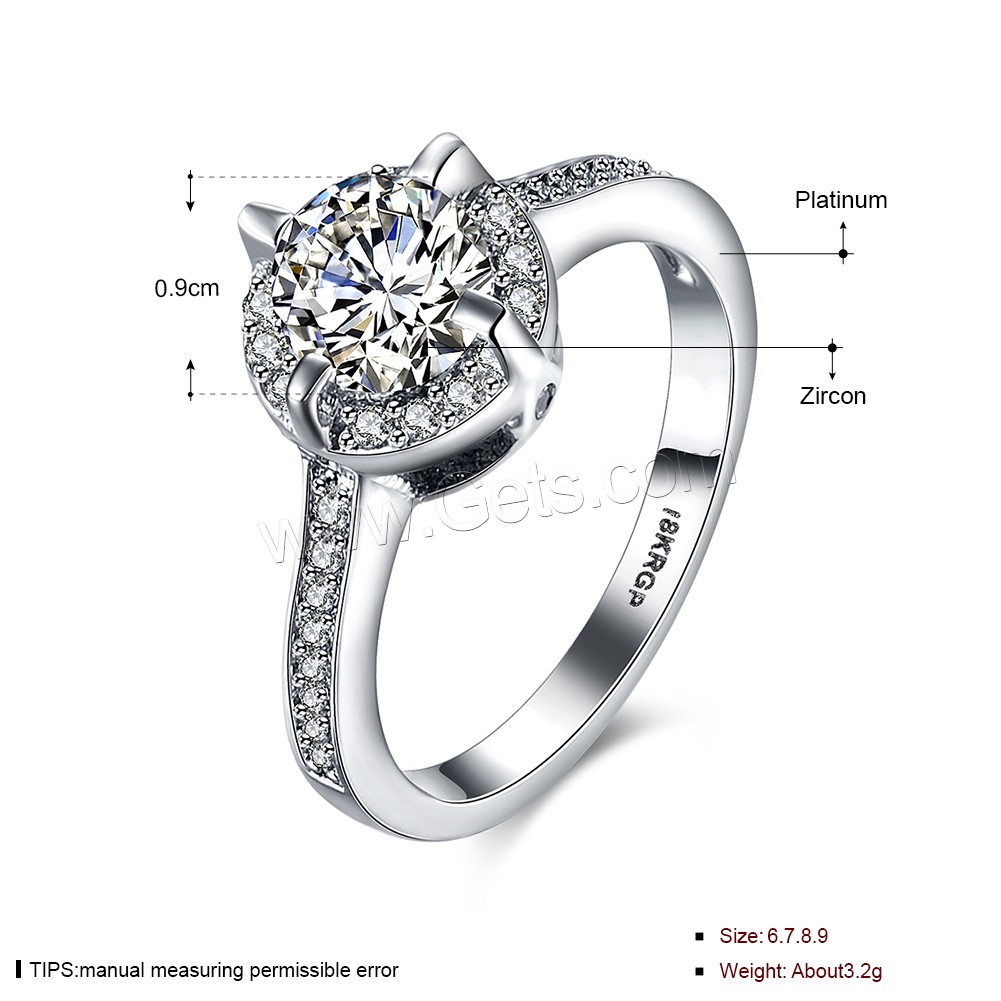 Circón cúbico anillo de dedo de latón, metal, chapado en platina real, diverso tamaño para la opción & para mujer & con circonia cúbica, 9mm, tamaño:6-9, Vendido por UD