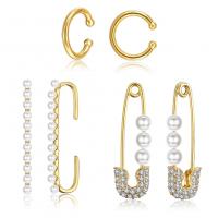 Brass Earring Set, with Plastic Pearl, gold color plated, three pieces & micro pave cubic zirconia & for woman   