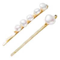 Hair Slide, Zinc Alloy, with Plastic Pearl, plated, 2 pieces & fashion jewelry & for woman, golden 