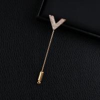 Brass Brooch, Letter V, plated, Unisex & micro pave cubic zirconia 