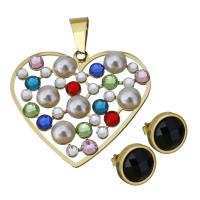 Parures de bijoux en acier inoxydable, Boucle d’oreille stud & pendentif, avec verre & perle de plastique, coeur, Placage de couleur d'or, bijoux de mode & pour femme  Environ Vendu par fixé
