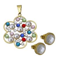 Fashion Stainless Steel Jewelry Sets, Stud Earring & pendant, with Glass & Plastic Pearl, gold color plated, fashion jewelry & for woman  Approx 