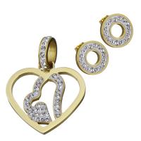 Rhinestone stainless steel Jewelry Set, Stud Earring & pendant, with Rhinestone Clay Pave, gold color plated, fashion jewelry & for woman  Approx 9mm 
