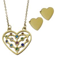 Fashion Stainless Steel Jewelry Sets, Stud Earring & necklace, with Glass, Heart, gold color plated, fashion jewelry & oval chain & for woman 1.5mm Approx 17.5 Inch 