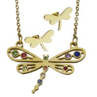 Fashion Stainless Steel Jewelry Sets, Stud Earring & necklace, with Glass, Dragonfly, gold color plated, fashion jewelry & oval chain & for woman 1.5mm Approx 17.5 Inch 