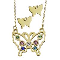 Fashion Stainless Steel Jewelry Sets, Stud Earring & necklace, with Glass, Butterfly, gold color plated, fashion jewelry & oval chain & for woman 1.5mm Approx 18 Inch 