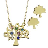 Fashion Stainless Steel Jewelry Sets, Stud Earring & necklace, with Glass, Tree, gold color plated, fashion jewelry & oval chain & for woman 1.5mm Approx 17.5 Inch 