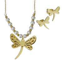 Fashion Stainless Steel Jewelry Sets, earring & necklace, with Plastic Pearl, Dragonfly, gold color plated, fashion jewelry & oval chain & for woman  2mm Approx 18 Inch 