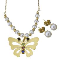 Rhinestone stainless steel Jewelry Set, Stud Earring & necklace, with Plastic Pearl, Butterfly, gold color plated, fashion jewelry & oval chain & for woman & with rhinestone  2mm Approx 18 Inch 